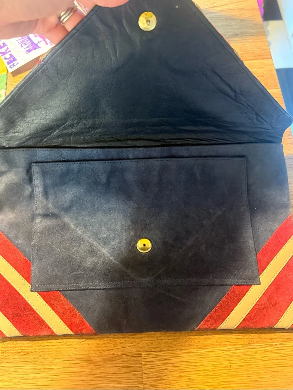 Vintage Suede Envelope Clutch in Navy, Red & Cream